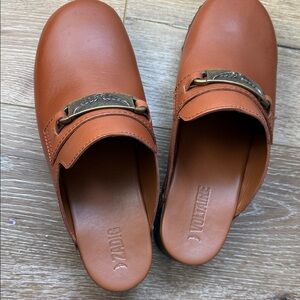 Zadig & Voltaire Cognac Leather Slip-On Clogs with Brass Accent